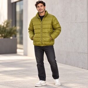 Men Jacket  Puffer Olive Green Quilted Full Zip XL NEW Forever 21